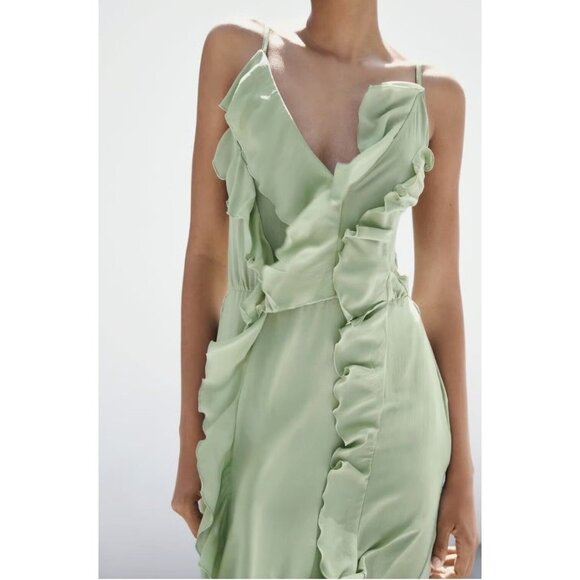 NWT ZARA Sea Green Chiffon Ruffle Cascading Long V-Neck Maxi Dress, Size L - Picture 13 of 15